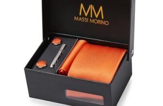 Massi Morino Cravatta Arancione e Fazzoletto da Uomo con Gemelli e Fermacravatta, Parure Set | Accessori Sposa | Cravatta Elegante con Confezione Regalo