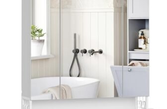 VASAGLE Mobile da Bagno con Illuminazione LED, 16,5 x 70 x 75 cm, Cestino Sospeso, Supporto per Asciugacapelli, per Lavabo, Bianco Nuvola BBK126W01