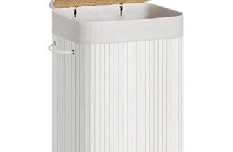 SONGMICS Cesta Portabiancheria con Coperchio, 72 L, Cesto Porta Biancheria in Bambù, Pieghevole, Sacco Rimovibile e Lavabile in Lavatrice, Maniglie, Lavanderia Camera, Bianco LCB010W01