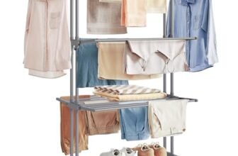 SONGMICS Stendibiancheria, Stendino Pieghevole a 4 Livelli, con Ruote e Ali Richiudibili, 63,5 x 128 x 173 cm, Capiente, Uso Interno ed Esterno, Grigio LLR701G01