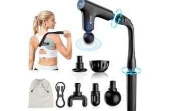 UPSPORT Pistola Massaggio Muscolare con Manico Esteso,Massaggiatore Muscolare Profondo,3 in 1 Pistola Massaggiante con Turbo Muscle Beating,4 Velocità Massaggiatore a Percussione,4 Testine Massage Gun