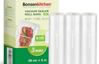 Bonsenkitchen Sacchetti Sottovuoto per Alimenti, 3 Rotoli 28 cm x 5 m, per Conservazione Sottovuoto Degli Alimenti e Cottura Sous Vide, Senza BPA, VB41