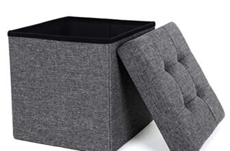 SONGMICS Pouf Cubo Poggiapiedi Sgabello Contenitore Pieghevole in Lino Imbottito, Lsf27Z, Grigio Scuro, 38 x 38 x 38 cm