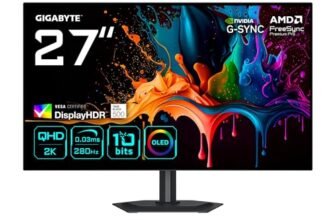 Gigabyte MO27Q28G Monitor Gaming OLED 27″ QHD – 2560 x 1440, 280Hz, 0,03ms, 335 cd/m², Display HDR True Black 500, HDMI 2.1, DisplayPort 1.4