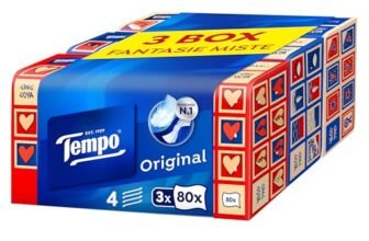 Tempo, Scatola di Fazzoletti di Carta, 3 Scatole da 80 Fazzolettini Monouso, 4 Veli, 4 Grafiche Assortite, Confezione Riciclabile