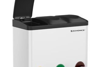 SONGMICS Cestino da Cucina, Pattumiera per Riciclaggio, Pattumiera Tripla a Pedale, in Metallo da 45 Litri, per Raccolta Differenziata, 3 x 15L, con Coperchio, Acciaio, Bianco LTB45W