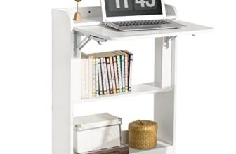SoBuy Scrivania Salvaspazio Scrivania Ufficio con Ripiani Tavolo Pieghevole da Parete Tavolo Richiudibile per Computer Scrittoio da Lavoro Bianca 64x58x82cm FWT92-W