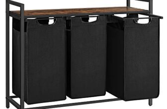 VASAGLE Cesto Portabiancheria, Porta Biancheria, 3 Sacchi in Tessuto Rimovibili, Piano d扐ppoggio, Metallo, 3 x 40 L, 92,5 x 33 x 72 cm, Nero Inchiostro e Marrone Vintage BLH301B01
