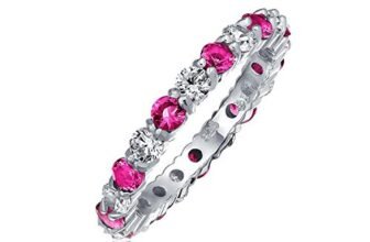 Anello Eternity Impilabile Alternato Cubic Zirconia Rosa Scuro Bianco Per Donne Rubino Simulato Argento Sterling .925 Mese Di Nascita Luglio