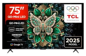 TCL 75C6K 75″ QD-Mini LED TV, 4K HDR Premium 1000nits, Smart TV con tecnologia Google TV (Dolby Vision IQ e Atmos, sistema audio Onkyo 2.1, Motion Clarity Pro a 144 Hz, Game Master)