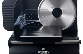 Affettatrice Elettrica SMART·J Premium 200W con Lama Acciaio Inox 19 cm – Taglio Regolabile 0-15 mm, Design Compatto Nero, Piedini Antiscivolo, Ideale per Carni, Formaggi, Pane e Verdure