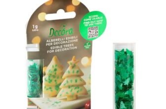 Decora, 2090206, Confezione da 1 g di alberelli edibili, Colore verde metallizzato, Ideali per decorare facilmente dolcetti natalizi