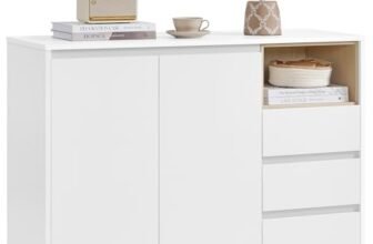 VASAGLE KAILYN Collezione – Credenza, Mobiletto, Armadietto da Cucina, Ripiani Regolabili, 3 Cassetti, 40 x 103,3 x 74,5 cm, per Soggiorno Cucina Studio, Bianco Nuvola BBK273W21V1