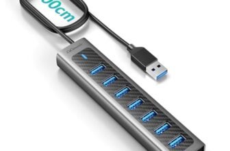 GM7U USB Hub 3.0 7 Porte, Cavo Lungo 1 M, Alluminio, Duplicatore USB, Porta USB Multipla per PC, Laptop, Computer Desktop, PS4, PS5, Mac più Vecchi, Unità Flash, Tastiera, Mouse