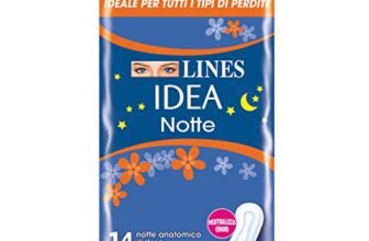 Lines Idea Sottile Notte Anatomico Disteso, 14 assorbenti. Ideale per tutti i tipi di perdite, Assorbenti lunghi per la notte con cuore Lines assorbente, Neutralizza Odori, Ipoallergenico.