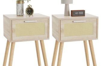 YMYNY Set di 2 Comodini, Tavolino con Cassetto decorato in rattan fatto a mano, Maniglia magnetica, Gambe di legno massiccio, 35×27×53cm, Comodino per Camera da Letto, Soggiorno, Naturale HST010N-2
