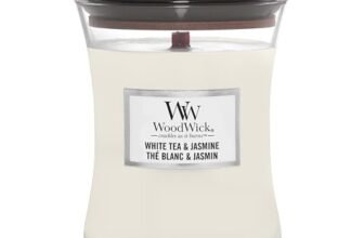 WoodWick Candela profumata Hourglass media con stoppino crepitante | White Tea & Jasmine | Durata della fragranza: fino a 60 ore
