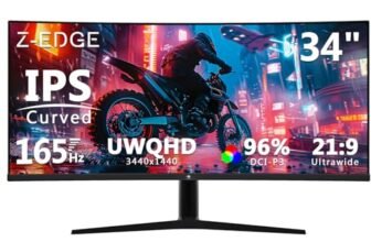 Z-Edge Monitor Curvo 34 Pollici PC Gaming, 2K, 3440×1440, 165Hz (DP), IPS, 1ms, Display Ultrawide 21:9, Regolabile in altezza/Verticale/Orizzontale/Rotazione, 100Hz (HDMI), FreeSync, VESA