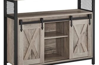 VASAGLE Credenza, Mobile da Cucina, Armadietto Organizzatore, con 2 Ante Scorrevoli, 33 x 100 x 80 cm, Ripiani Regolabili, Stile Country, per Soggiorno, Greige Melange e Nero Inchiostro LSC092B02