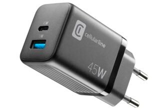 cellularline – Caricabatterie da Rete USB-C 45W + USB-A 18W Super Fast Charging 2.0 Nero per Samsung