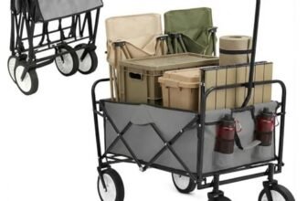 Carrello Pieghevole, 98L Carico Massimo 80 kg Carrello a Mano da Giardino, Carrello da Spiaggia, per Il Trasporto, con Tasca Laterale, per Attività All’aperto, Spiaggia, Campeggio, Grigio