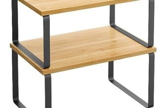 SONGMICS Scaffale Portaspezie, Set di 2 Organizzatori da Cucina Espandibili, Scaffale da Cucina Impilabile, Metallo e Legno Ingegnerizzato, Nero Inchiostro e Beige Naturale KCS02NB