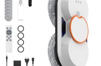 Robot Lavavetri Automatico 5600Pa, Puliscivetri Elettrico con Doppio Spruzzo, Navigazione Intelligente, 3 Modalità, Telecomando, Sensore Bordi, Anticaduta e 8 Panni, per Finestre, Specchi e Piastrelle