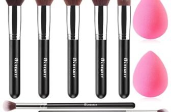 BEAKEY Set Pennelli Make up Premium synthetic pennelli trucco per fondazione cipria fard, ombretto, Set di pennelli make up, kit con spugnetta e Blender Beauty (10 + 2 pezzi, nero/argento)