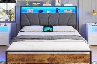 Brinlawb Letto Imbottito 120×200 cm, Struttura letto con Luce LED e Stazione di Ricarica (2 Prese CA 2 Porte USB) Struttura letto con piattaforma in metallo, Facile da montare, Moderno, Nero e Grigio