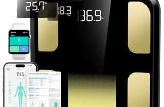 Bilancia Pesapersone Digitale Runstar, Bilancia intelligente Alta Precisione con 8 Elettrodi per BMI, Massa Muscolare, 28 Dati Composizione Corporea, Sync App, Display a 3 Parametri, 180 kg