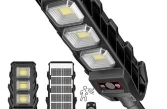 JESLED Lampada Solare Esterna 60W con Sensore di Movimento, 144 LED Super Luminosi IP65 Impermeabile per Strade, Cortili, Garage e Giardini