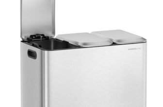 SONGMICS HOME Triple Kitchen Basket, Waste Bin for Separated Collection 3 x 15 L with Coloured Pedals, Differentiated Collection, Lid and Inner Buckets, Steel, Metallic Silver