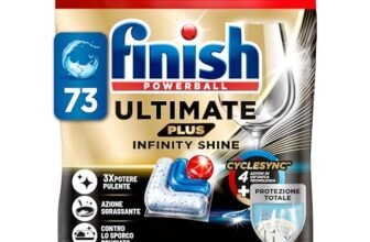 Finish Ultimate PLUS Infinity Shine Pastiglie Lavastoviglie, 73 Capsule Lavastoviglie, Pastiglie per Lavastoviglie con Scudo Protettivo contro lo Sporco e i Residui Incrostati