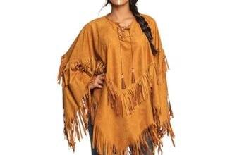 Boland 44095 – Poncho indiano, marrone, taglia unica per adulti, mantello in pelle con frange e perline, capo, cowboy, squaw, carnevale, festa in maschera, Halloween, festa a tema