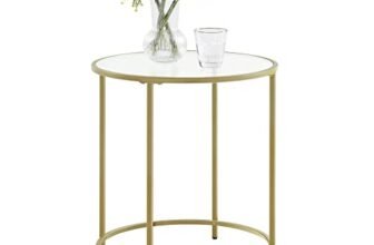 VASAGLE Tavolino Rotondo, Tavolino da Caffè, Struttura in Metallo, Comodino, Piano in Vetro Temperato, Tavolino da Divano per Soggiorno, Balcone, Dorato e Trasparente LGT20G