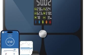 Bilancia Pesapersone Digitale con App Bluetooth, Bilancia Impedenziometrica Professionale Smart, Misurazione Grasso Corporeo e Massa Magra BMI con 22 Indici, Bilancia Elettronica Nero 4AAA