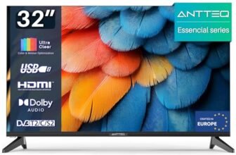Antteq TV 32 Pollici (81 cm) LED HD, Design Senza Cornice, USB-Media Player, HDMI, Triple Tuner DVB-T2/S2/C, H.265/HEVC 10bit, Audio Dolby, Modalità Hotel, Adatto agli Anziani (E32-AH1Q1L)