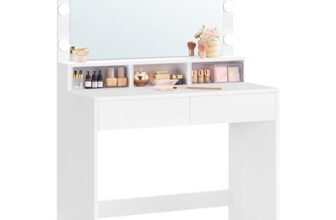 VASAGLE KAILYN Collezione – Tavolo da Trucco, Toeletta con Luce LED, Regolabile a 3 Colori, con Specchio, Tavolo Cosmetico con 2 Cassetti e 3 Scomparti Aperti, Bianco Nuvola RDT120T10