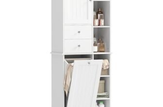 HOMCOM Mobile Bagno Alto Stretto, Mobiletto Bagno Salvaspazio con Cesto Portabiancheria a Ribalta, Armadietto Ante Soft Close, 2 Cassetti, 6 Scomparti Aperti, per Lavanderia, 60×28.8×171 cm, Bianco