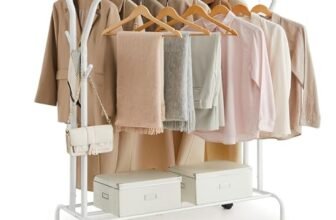 SONGMICS Stand Appendiabiti Doppio, Attaccapanni con Ruote, Struttura in Acciaio, Portata Fino a 100 kg, Larghezza di 103,5 cm, Multifunzione, Bianco HSR107W01