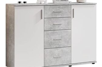 Stella Trading BOBBY, Cassettiera, effetto cemento, bianco, credenza elegante con ampio spazio disponibile per la zona giorno; 120 x 82 x 35 cm, L x A x P