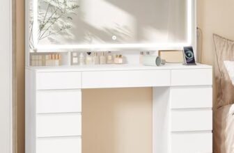 Hzuaneri 108 cm Postazione Trucco, Toeletta Trucco con Grande Specchio HD, 3 Colori luci LED Regolabili, 11 Cassetti, 3 Scomparti Portaoggetti e 1 Ripiano Superiore, Bianco DT43003XEU