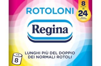 Rotoloni Regina – 8 Maxi Rotoli di Carta Igienica, 500 Fogli a 2 Veli, Lunghi Più del Doppio dei Normali Rotoli, Confezione 50% in Plastica Riciclata, Carta 100% Certificata FSC