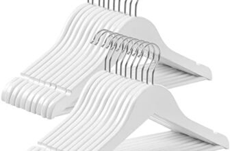 SONGMICS Set di 20 Grucce Bambini in Legno Massello, Grucce per Bambini, con Barra Appendiabiti, Scanalature, Gancio Girevole a 360°, Lunghezza di 35 cm, Bianco e Argento CRW06W-20