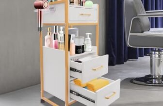 Carrello cosmetico con ruote, 3 cassetti e porta asciugacapelli, carrello salon, trolley da parrucchiere con armadio, moderno carrello da lavoro per bagno, soggiorno (bianco)