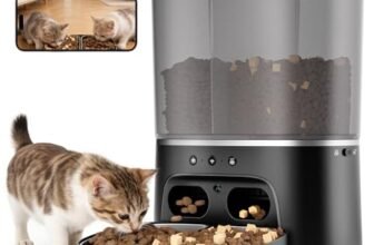 2 in 1 Distributore Automatico Cibo Gatti, 8L Distributore Cibo Cani con Ciotole in Acciaio Inox con Telecamera 1080P, 15 Pasti al Giorno e Controllo del Timer, 2.4GHz/5GHz WiFi, Adatto Per Cani e Gat