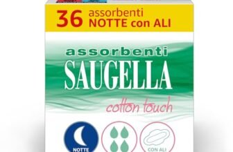 Saugella Assorbenti Cotton Touch Notte, 36 Assorbenti Cotone Notte con Ali, Azione Antibatterica, Antiodore e Lenitiva
