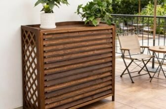 Copertura Motore Condizionatore Esterno Legno Copri Condizionatore Da Esterno Legno Massello per Giardino Condizionatores D’aria in Legno per Esterni Rack Fioriere Da Balcone Decorativo(86x35x80cm)