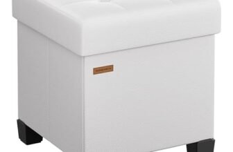 SONGMICS Pouf Contenitore, Cassapanca con Gambe, 38 x 38 x 40 cm, Sgabello Poggiapiedi, 37 L, Rivestimento PVC, per Camera da Letto Soggiorno, Bianco Nuvola LSF0512W02