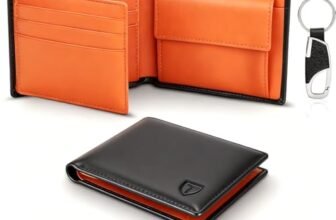 TEEHON® Portafoglio Uomo Slim Vera Pelle Blocco RFID, con Tasca Portamonete,2 Scomparti Banconote,10 Porta Carte di Credito, Portachiavi. Portafogli Piccolo Sottile-nero e arancione